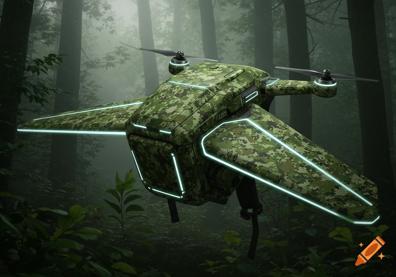 A camouflage drone backpack with glowing green lights flying through a misty forest.
