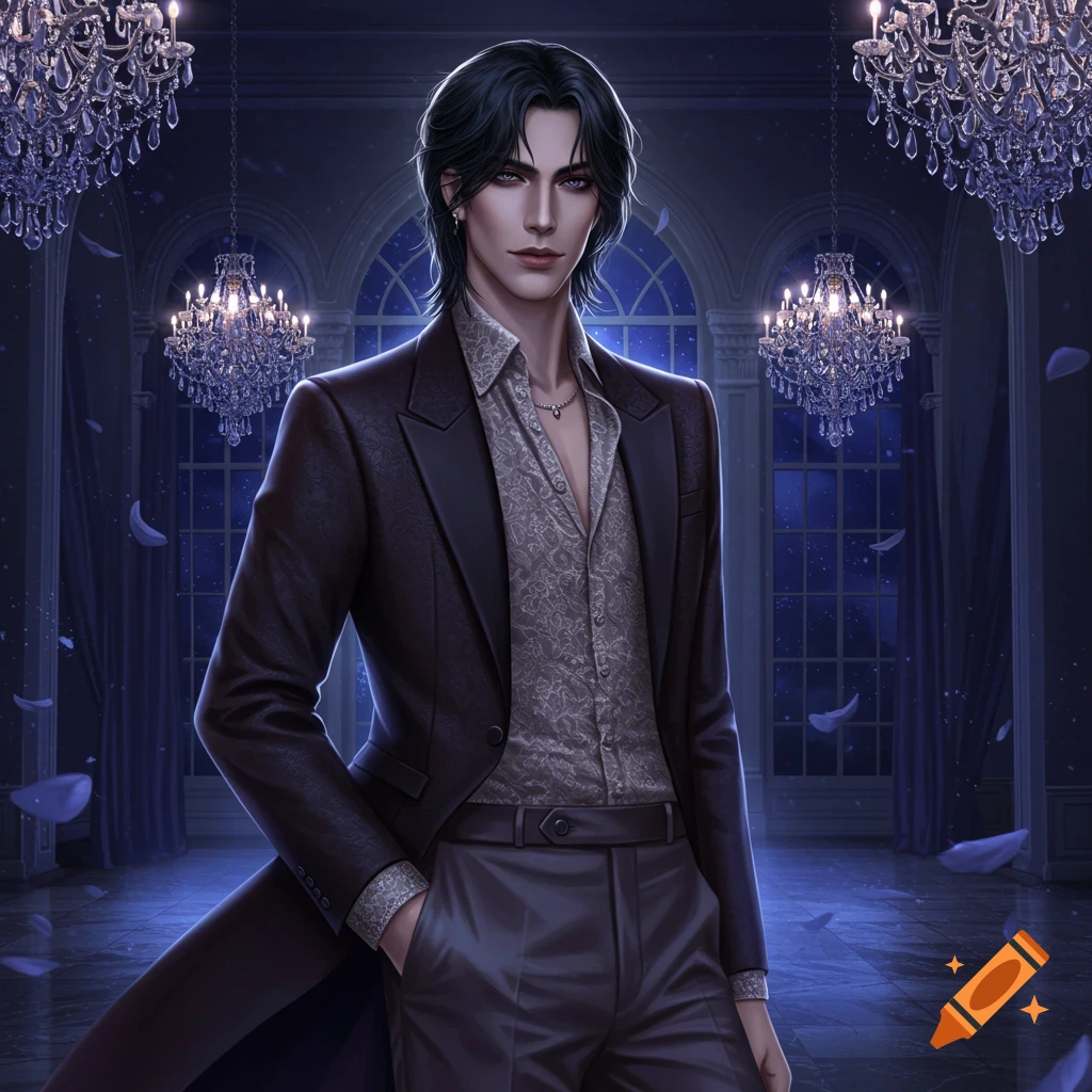 A sharp-featured man with black hair in an elegant dark suit stands in a dim, chandelier-lit hall with falling petals, digital illustration.