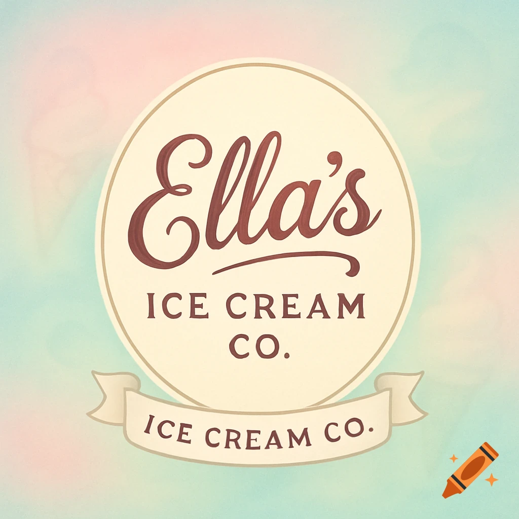 A cream-colored circular logo for Ella's Ice Cream Co. on a pastel background, with an additional banner at the bottom repeating Ice Cream Co.
