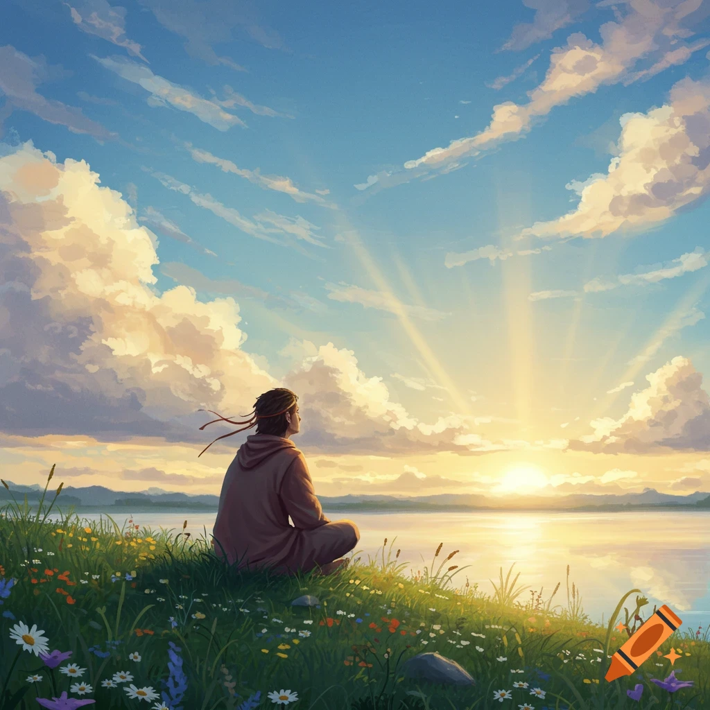 A person sits in meditation on a grassy hill overlooking a calm lake at sunrise or sunset, in a digital art style.