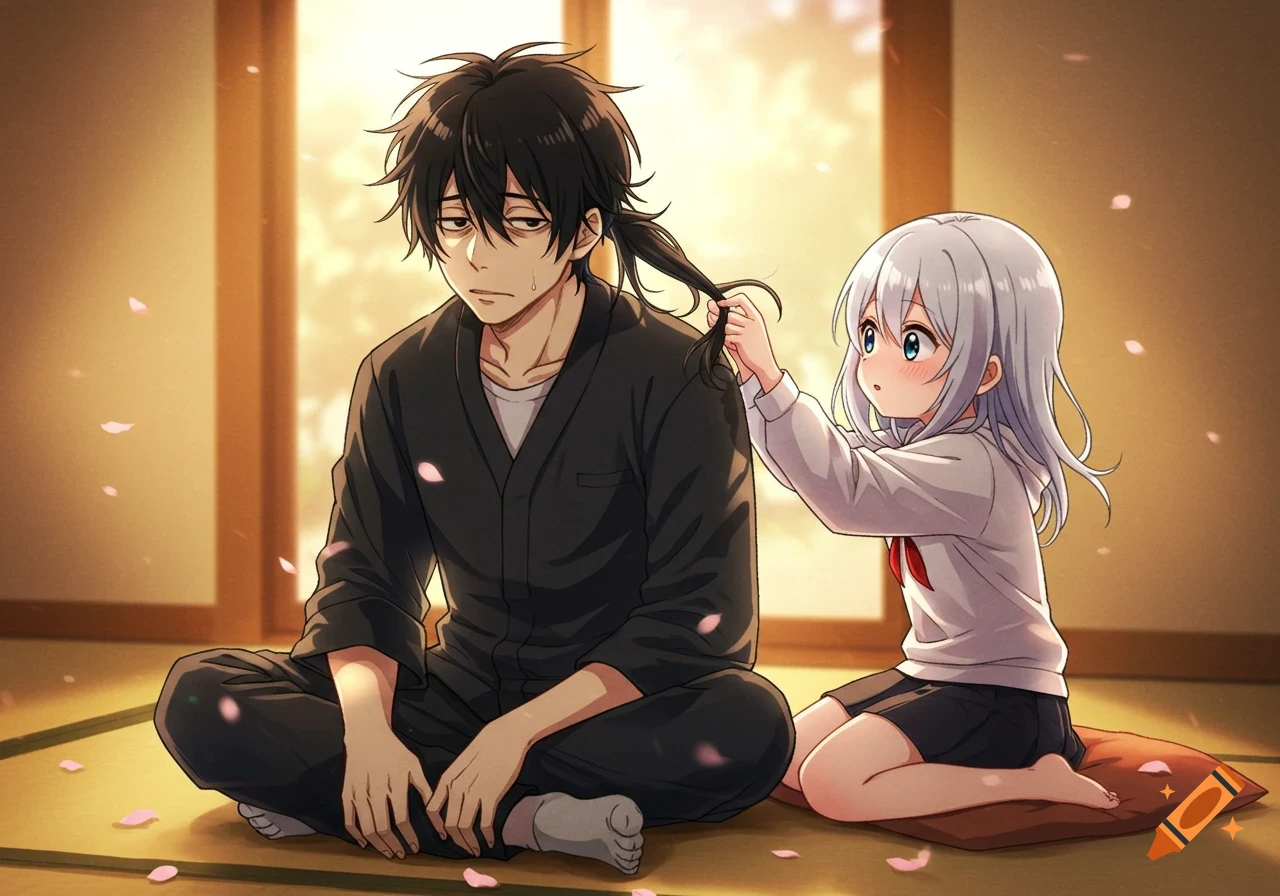 Anime drawing of a man with black hair sitting cross-legged, looking tired, while a small girl with silver hair gently braids his ponytail. Pink petals are on the tatami mat floor.