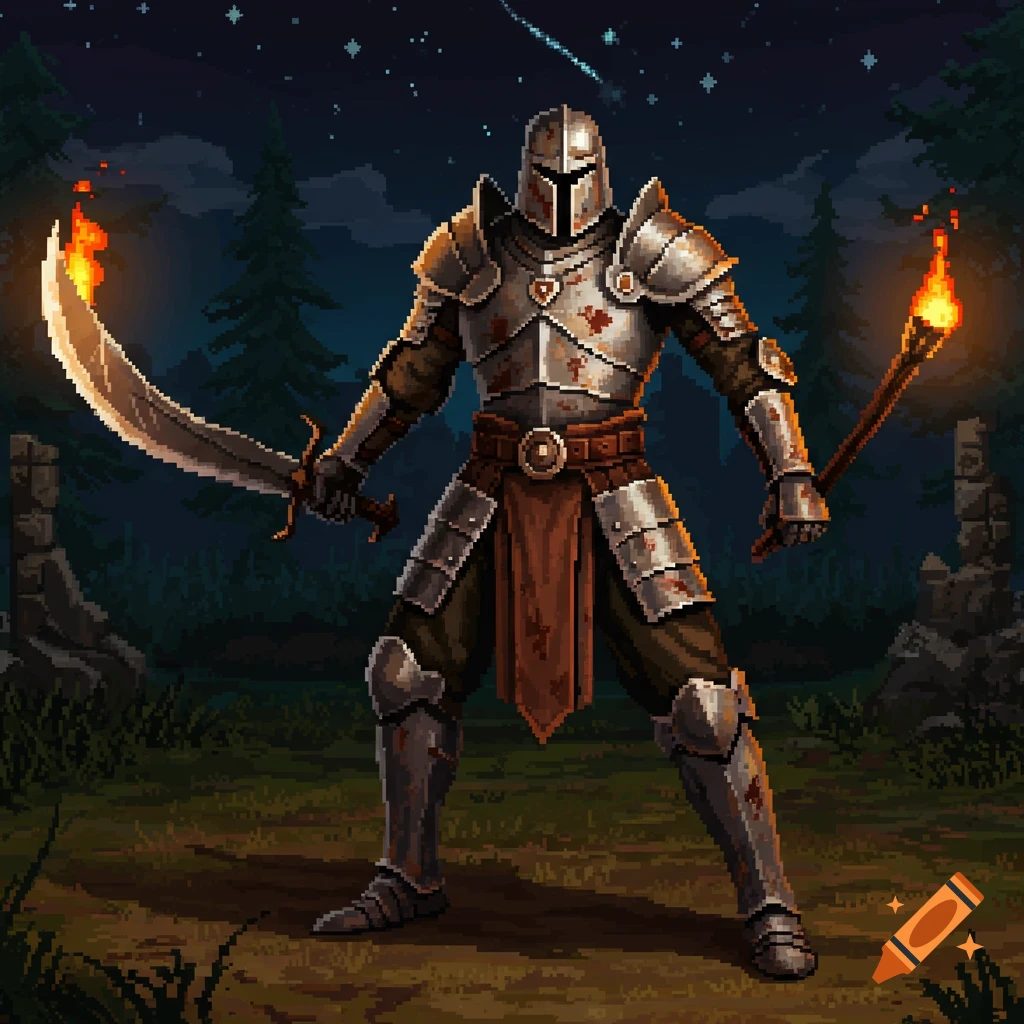 A pixel art knight in detailed full plate armor, stained with blood, stands in a dark forest at night, holding a curved sword and a torch.