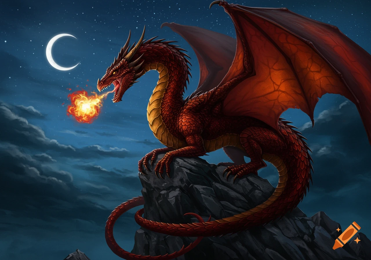 A red and gold dragon breathes fire from its mouth while perched on a rocky peak under a crescent moon and starry night sky.