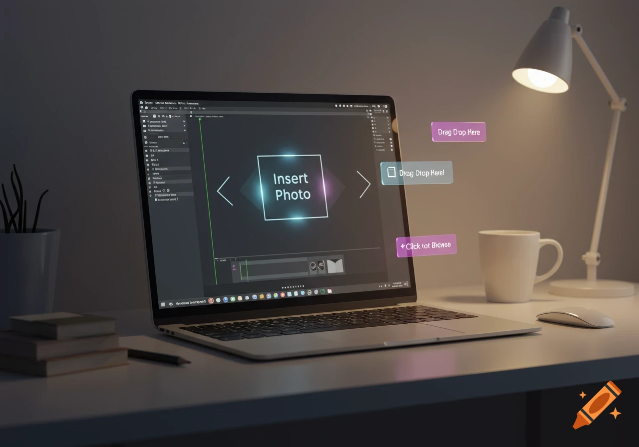A laptop sits on a desk with a glowing lamp, a white mug, books, and a mouse. The laptop screen displays a user interface with "Insert Photo" in the center, and buttons that say "Drag Drop Here" and "+Click tot Browse."