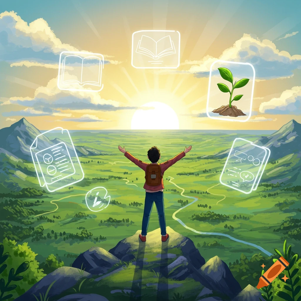 An illustrated person stands on a mountain peak with outstretched arms, overlooking a green valley and rising sun, surrounded by glowing icons of books, a plant, and documents.