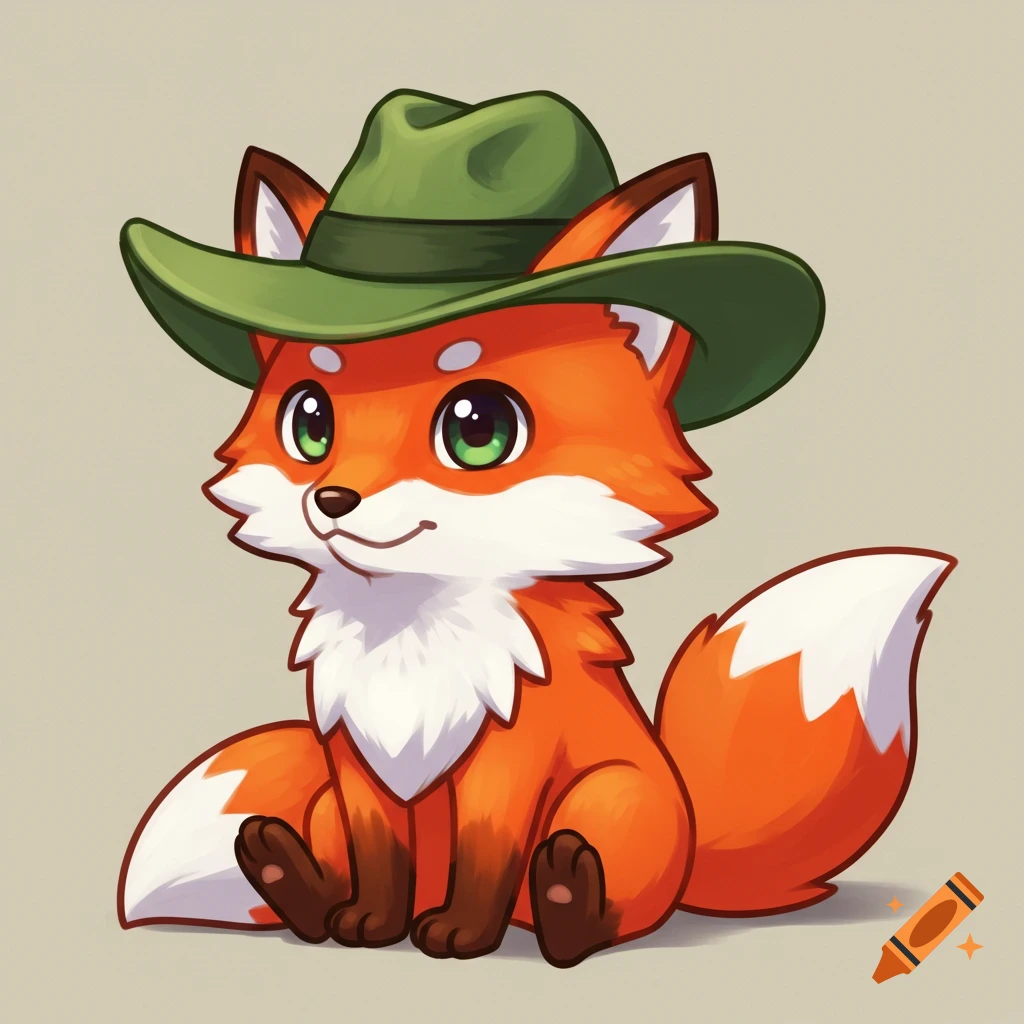 A cute, cartoon red fox character wearing a green hat, sitting with a plain background.