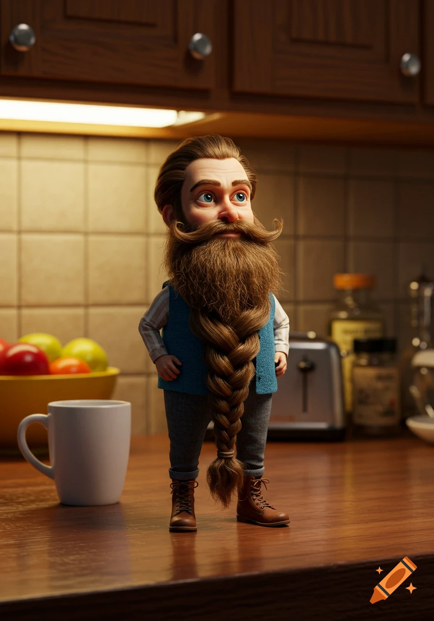 A cartoonish man with a long braided beard stands on a kitchen counter next to a coffee mug.