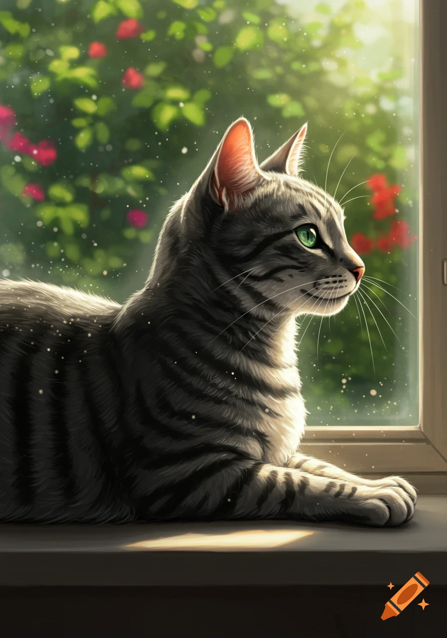 A gray tabby cat with green eyes sits by a sunlit window, looking out at green foliage and red flowers in a digital art style.