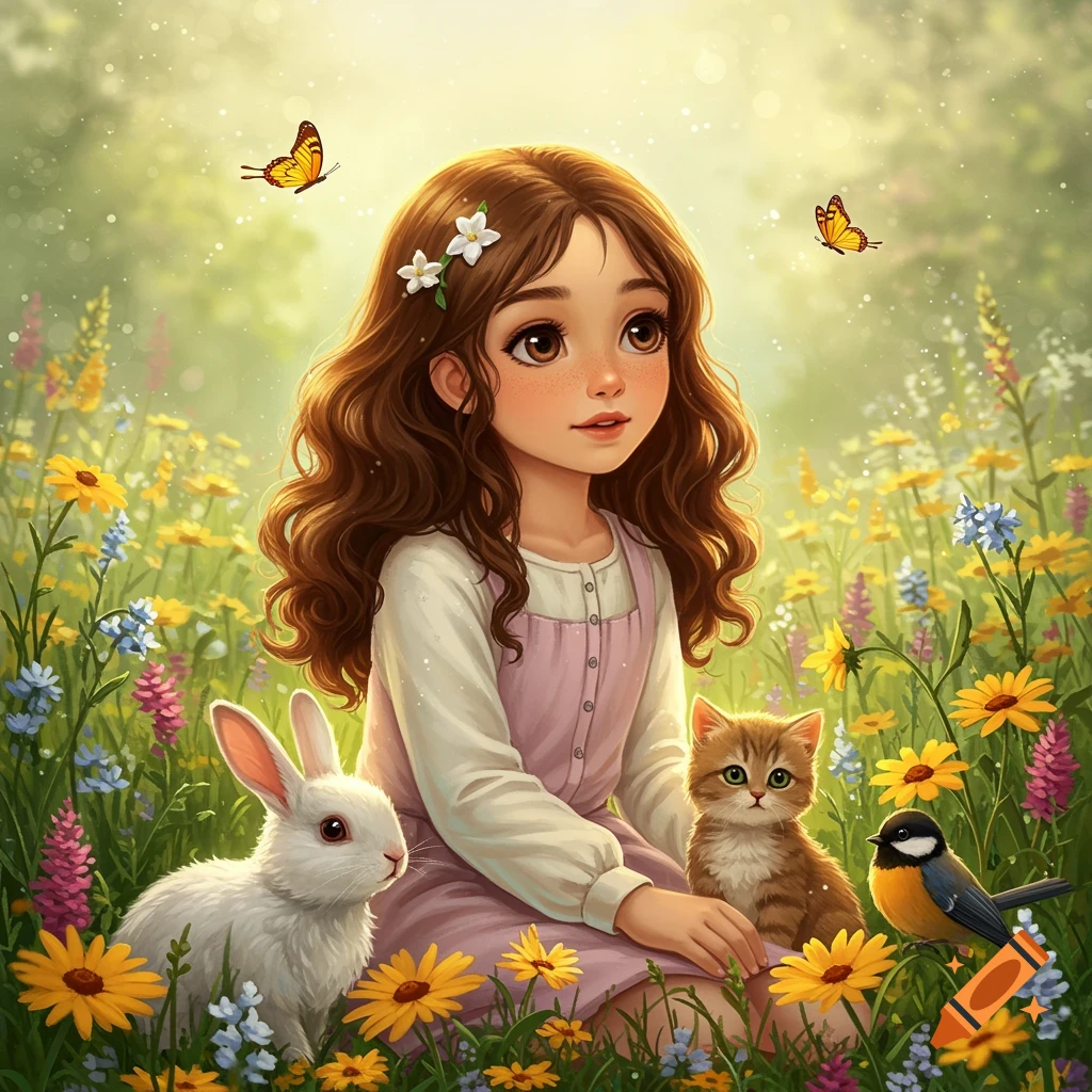 An illustrated girl with brown hair sits in a vibrant flower field with a rabbit, kitten, and bird.