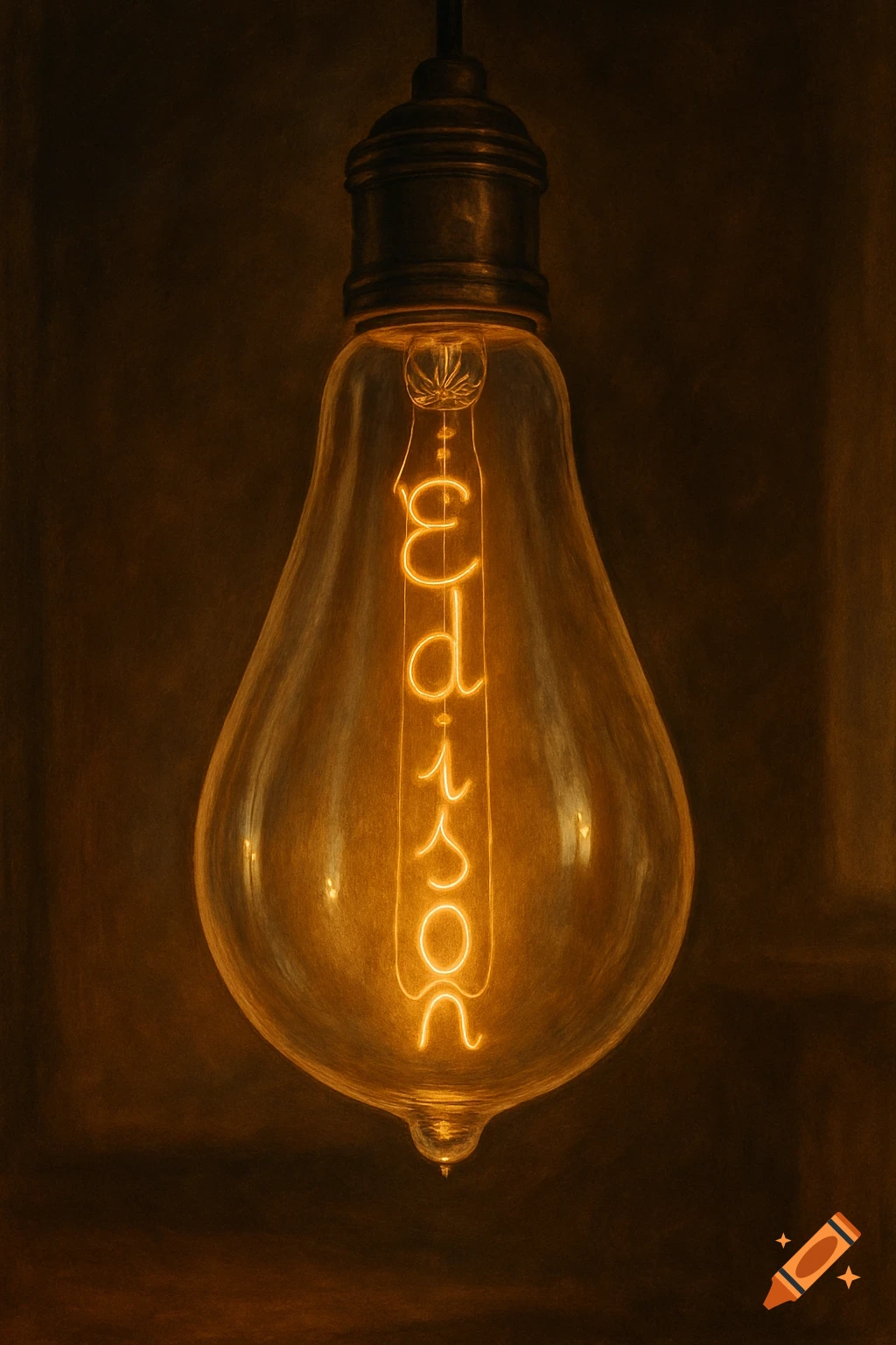 A glowing vintage Edison light bulb with the name 'Edison' spelled out vertically in its illuminated filament against a dark background.