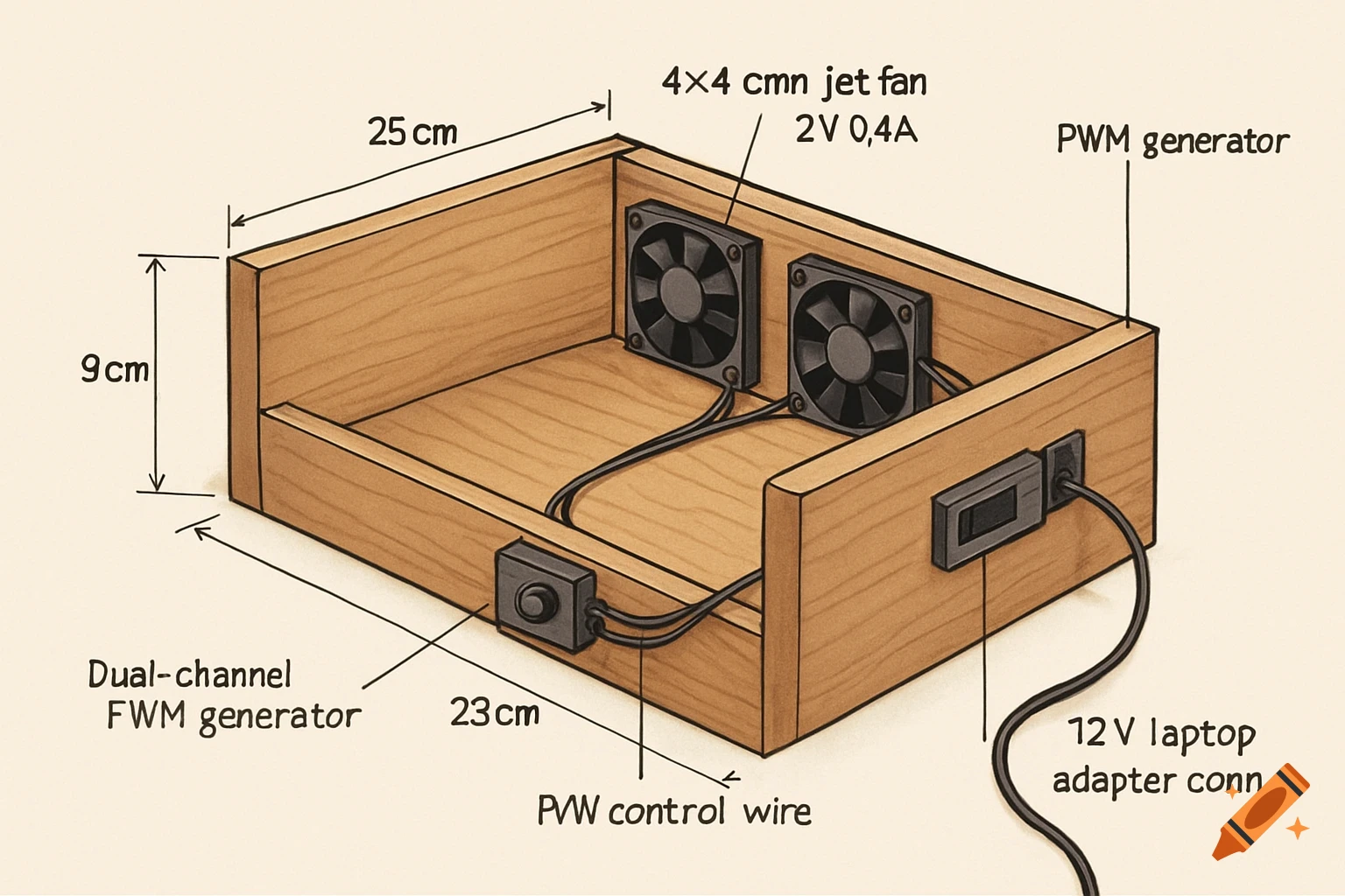 A technical diagram of a wooden cooling pad enclosure with two fans, a control module, and an adapter connection, showing dimensions and labels.