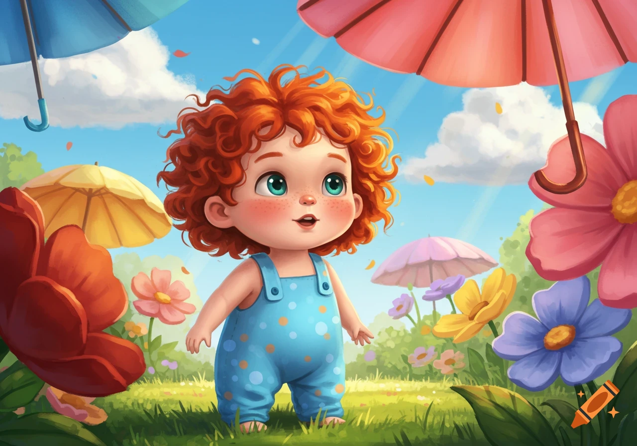 A cheerful cartoon toddler with red curly hair in blue overalls stands in a vibrant field with colorful flowers and umbrellas.
