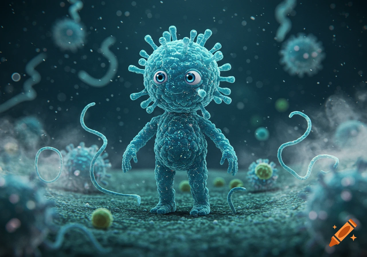 An anthropomorphic, cute blue virus character with big eyes stands in a microscopic environment surrounded by other microbes.