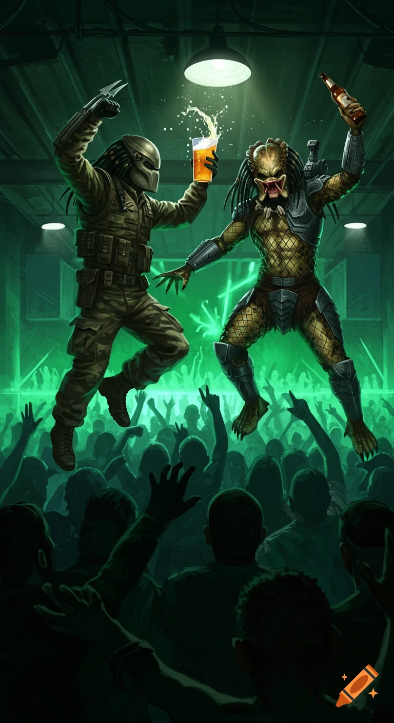 An illustrated scene of a masked soldier and a Predator creature jumping and clinking beer at a wild, dimly lit basement party with a cheering crowd.