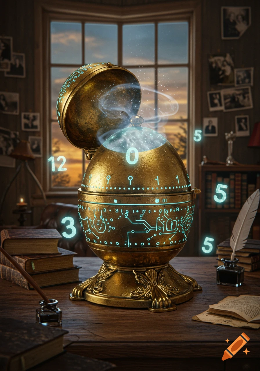 A detailed golden antique timer with glowing futuristic numbers sits on a wooden desk in a study.