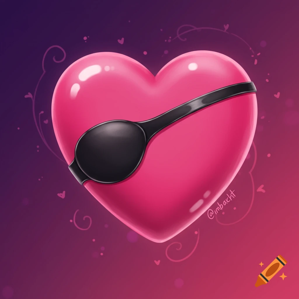 An illustrative pink heart wearing a black eyepatch on a purple and pink gradient background with decorative swirls.