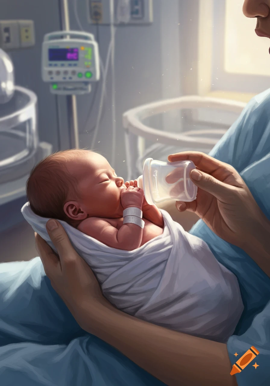 A person feeds a swaddled newborn baby with a small bottle while holding them in a hospital room.