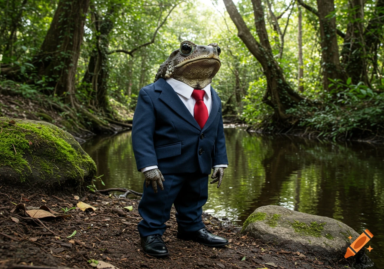 A photorealistic cane toad wearing a blue suit with a white shirt and red tie stands by a creek in a lush forest.