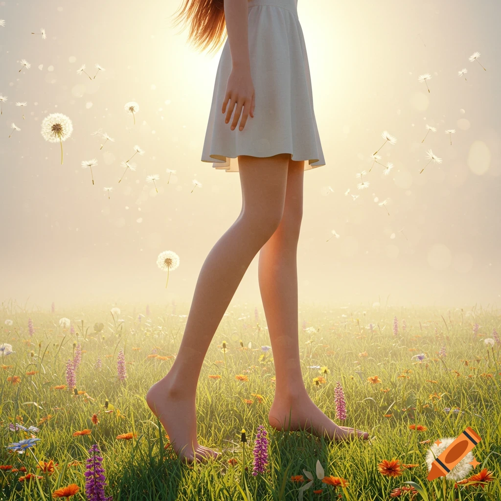 A woman in a white dress walks barefoot through a sunny field of flowers with dandelions floating in the air, photorealistic style.