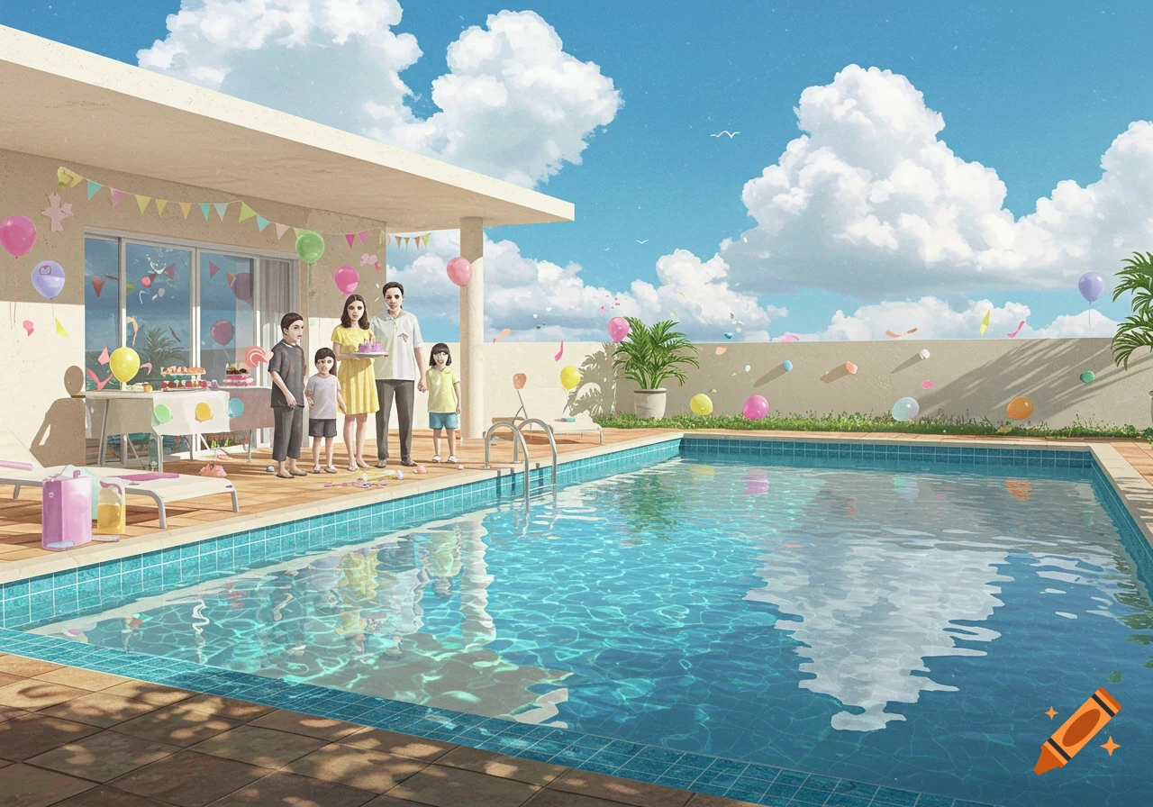 A family with strange smiles celebrates a birthday by a clear blue swimming pool under a bright, cloudy sky, with balloons and decorations around.