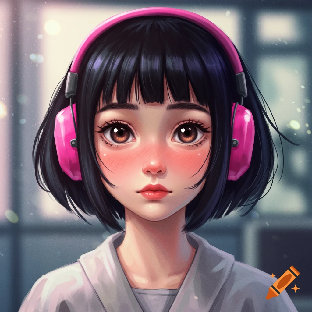 A semi-realistic anime portrait of a girl with short black hair, bangs, pink headphones, and flushed cheeks.