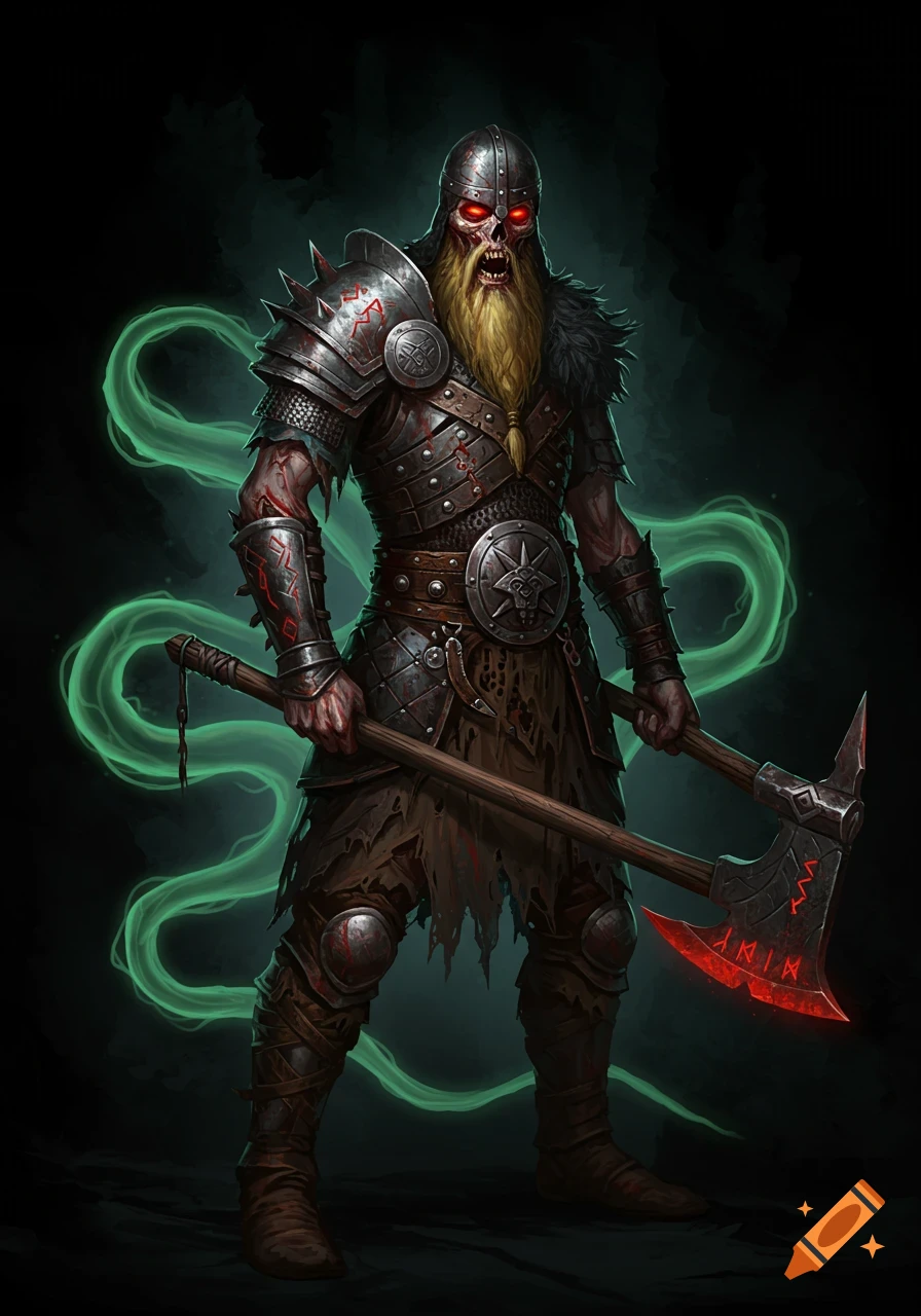 A full-body digital illustration of an undead Viking warrior with a long blonde beard, glowing red eyes, and wearing spiked metal armor, holding two glowing red axes, with green mystic energy swirling behind him.