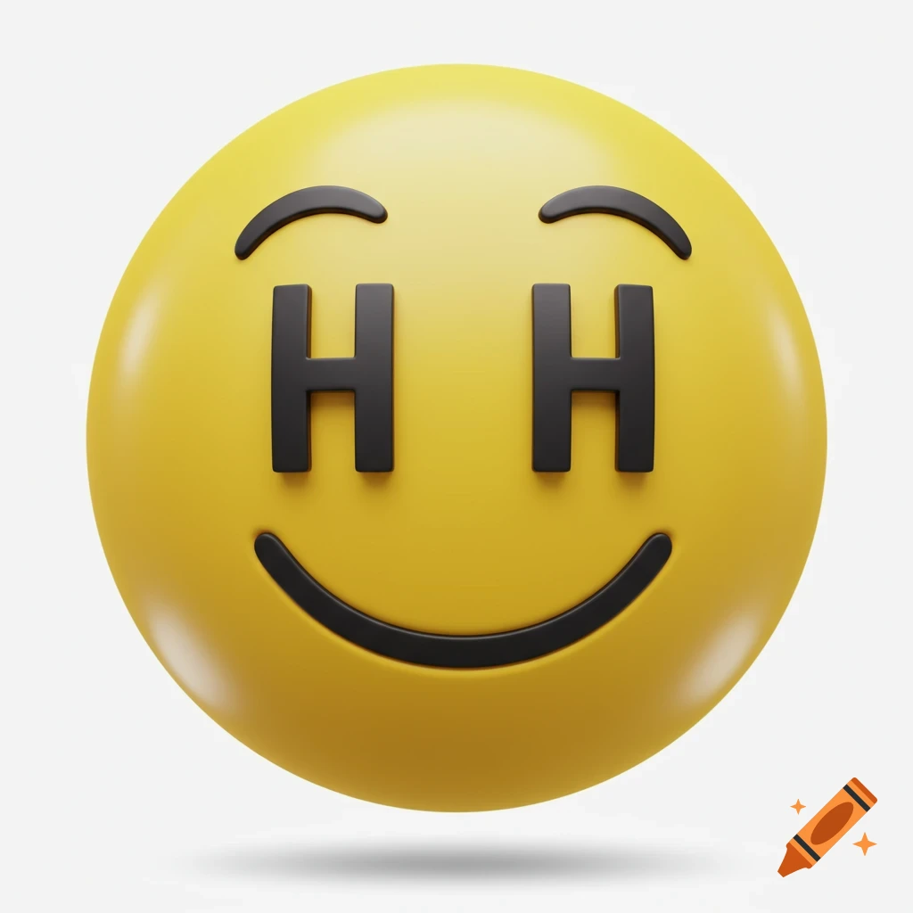 A 3D rendered yellow smiley face with two black capital H's for eyes and a black curved smile on a white background.