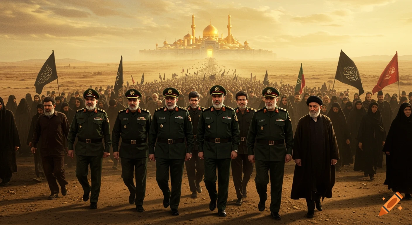 A large group of pilgrims, including military commanders, walk across a dusty landscape towards a golden shrine.