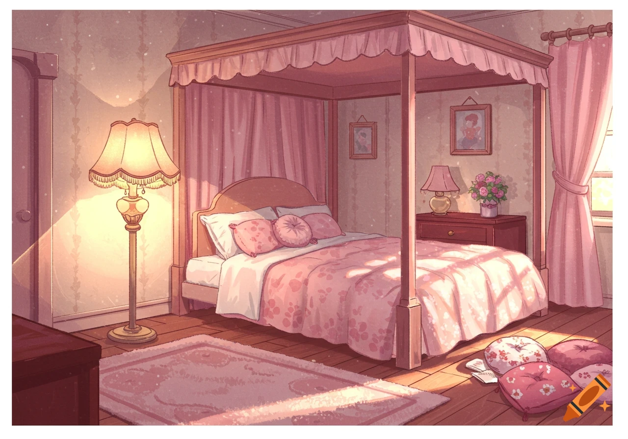 A cozy, pink anime-style bedroom with a four-poster bed, a standing lamp, and sunlight streaming through a window.