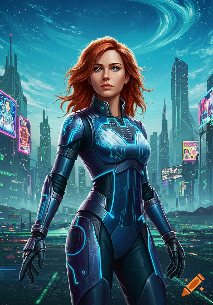 Red-haired woman in a glowing blue and black futuristic suit stands in a cyberpunk city with neon-lit skyscrapers.
