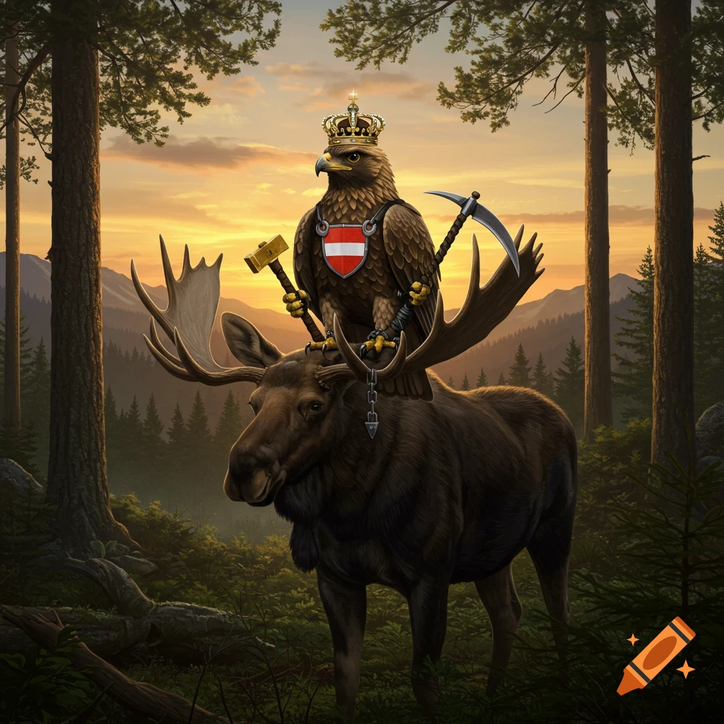A majestic golden eagle with a crown, holding a golden hammer and sickle, rides on the back of a moose in a forest at sunset.
