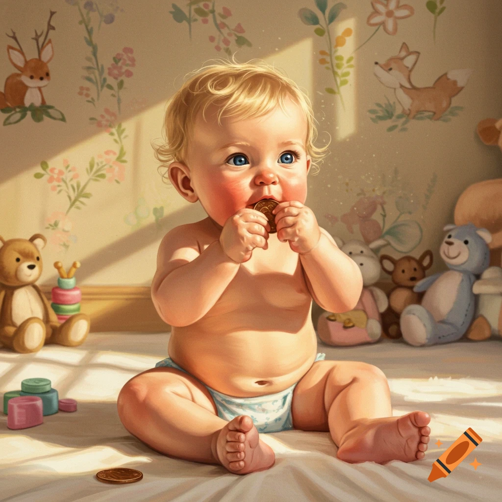A blonde baby in a diaper sits on a blanket, putting a penny into its mouth, surrounded by toys in a sunlit room with animal wallpaper.