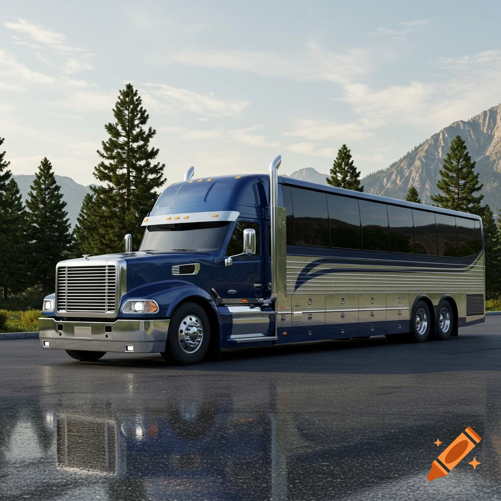 A unique blue and silver vehicle combining a semi-truck front with a long coach bus body, parked on asphalt with mountains and pine trees in the background.