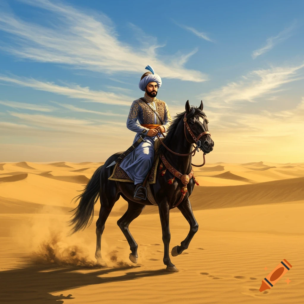A man in traditional attire with a turban and beard rides a black horse through a sandy desert under a blue and orange sky.