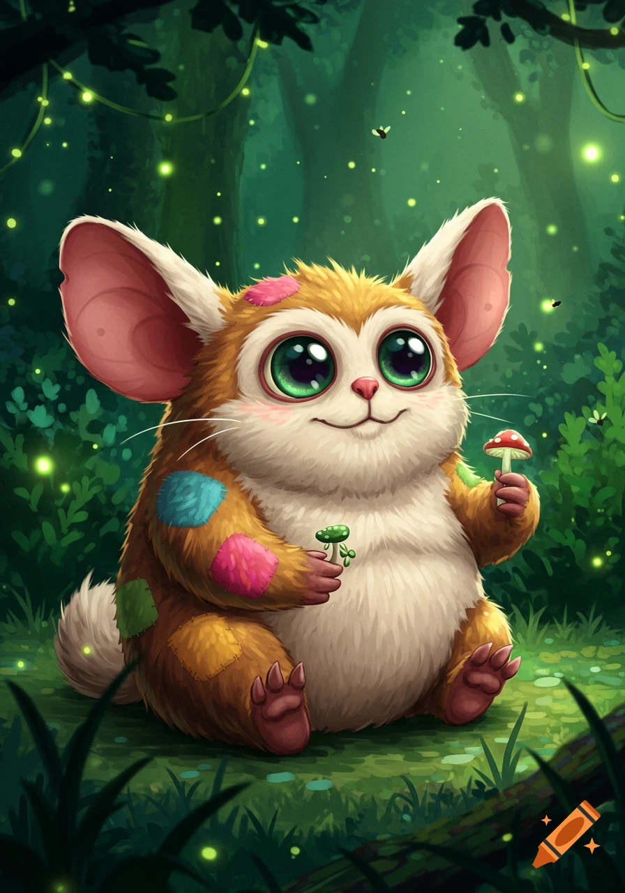 A cute, fluffy, brown and white grumbo-like creature with big green eyes sits in a glowing forest, holding a mushroom.