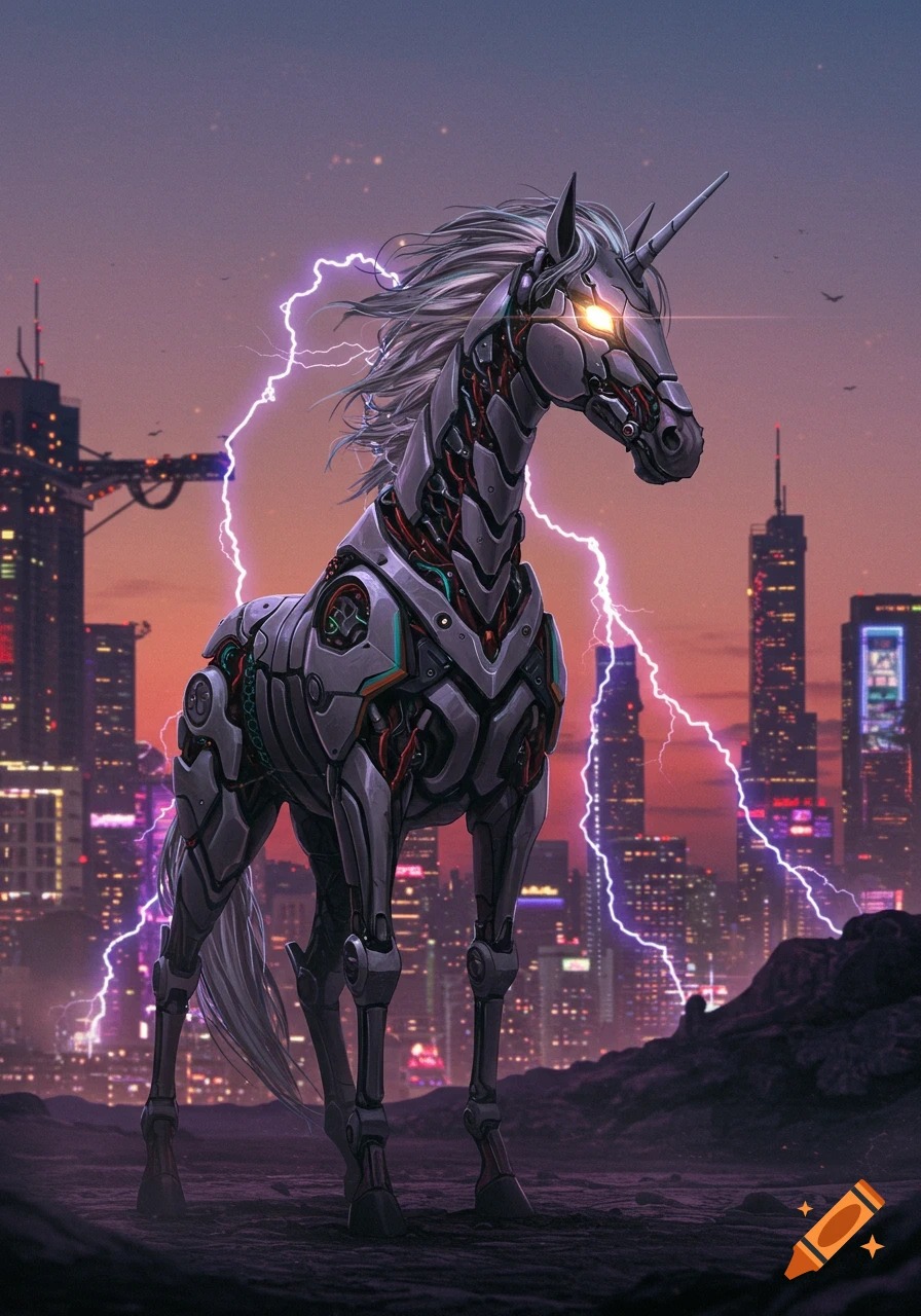 A large robotic unicorn with glowing eyes stands amidst a city skyline, illuminated by purple lightning.