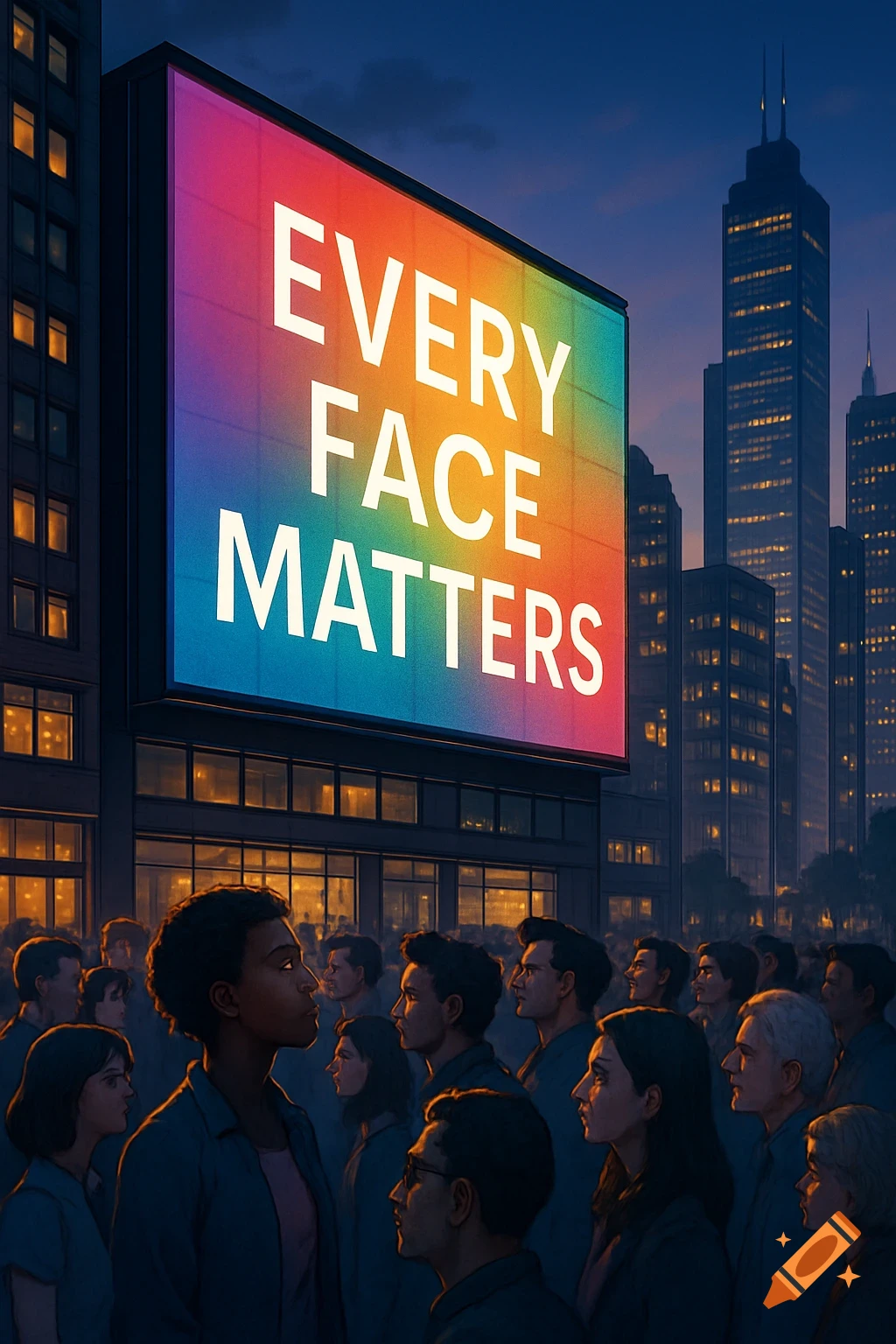 A crowd of people in a city look up at a large rainbow billboard reading 'EVERY FACE MATTERS' on a building at night.