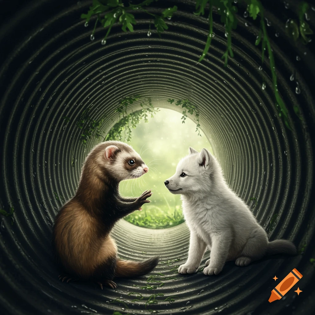 A ferret with a raised paw faces a white wolf pup inside a dark corrugated pipe, with green nature visible at the tunnel's end.