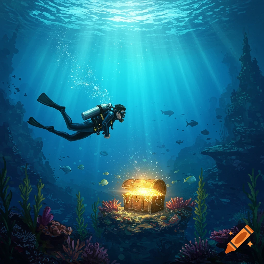 A diver in a wetsuit explores a vibrant coral reef, approaching an open, glowing treasure chest on the ocean floor, with sunbeams filtering down.