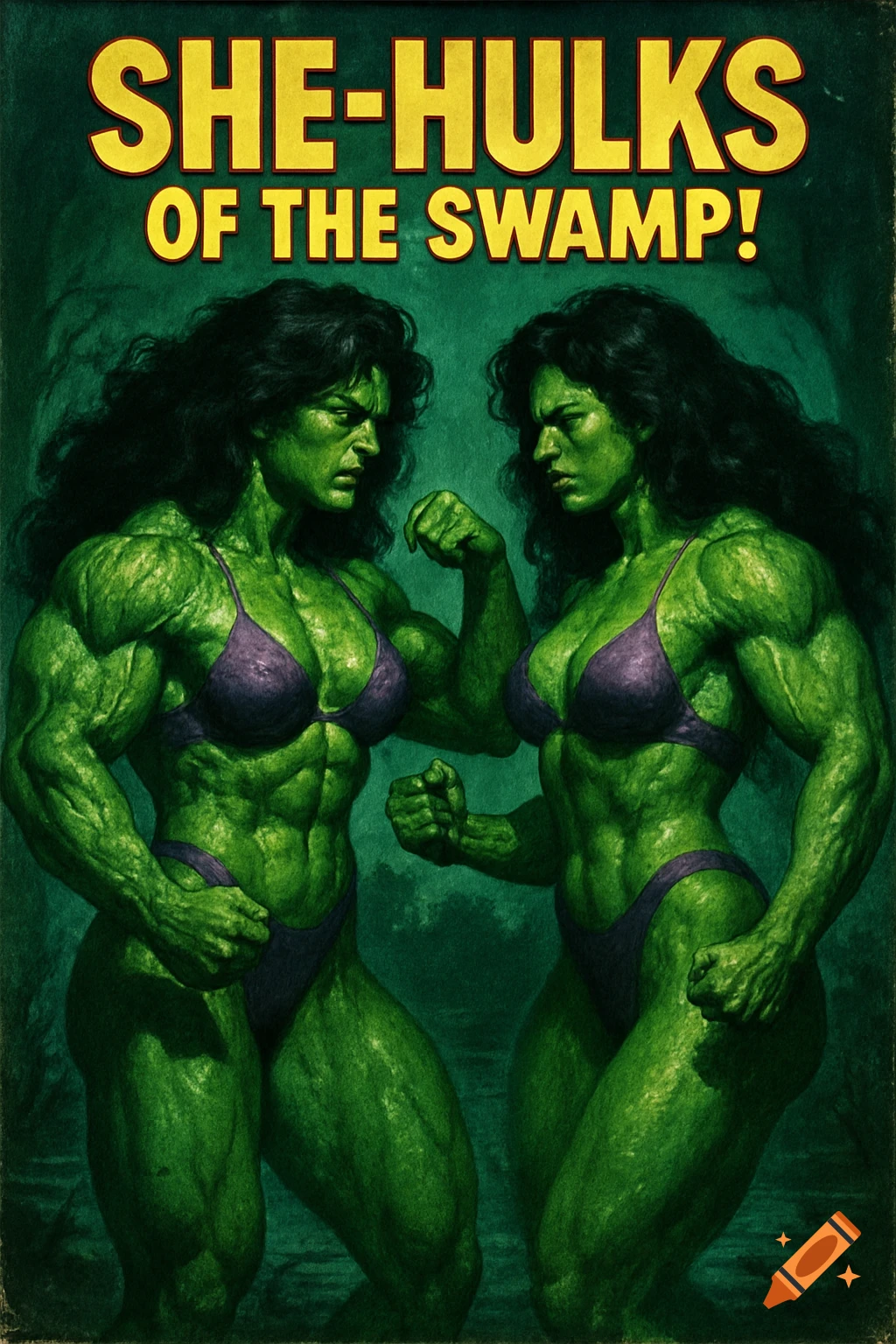 A vintage-style movie poster featuring two green-skinned, muscular female bodybuilders in purple bikinis, titled 'SHE-HULKS OF THE SWAMP!'