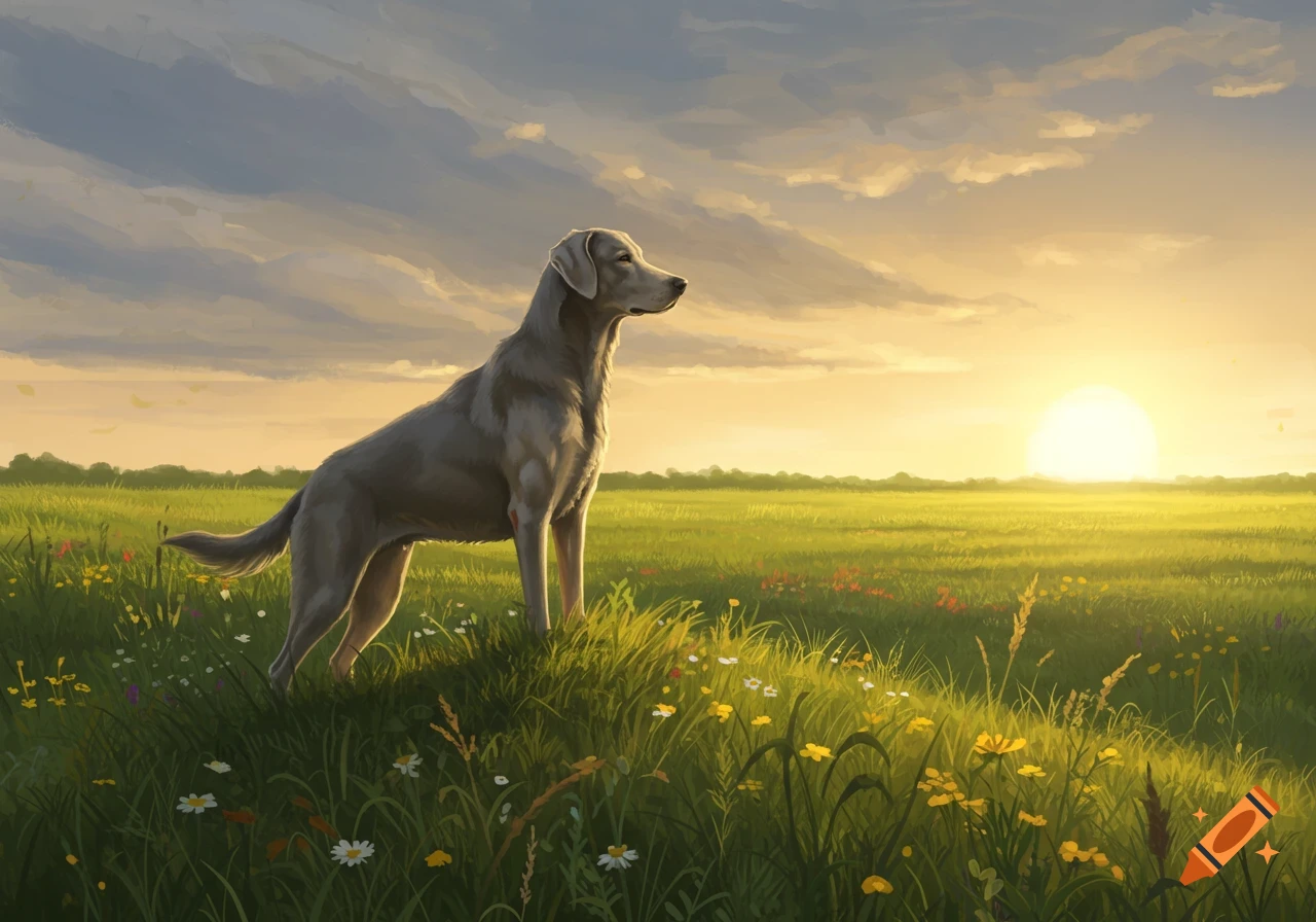 A digital painting of a light-colored dog standing in a field of wildflowers at sunset.