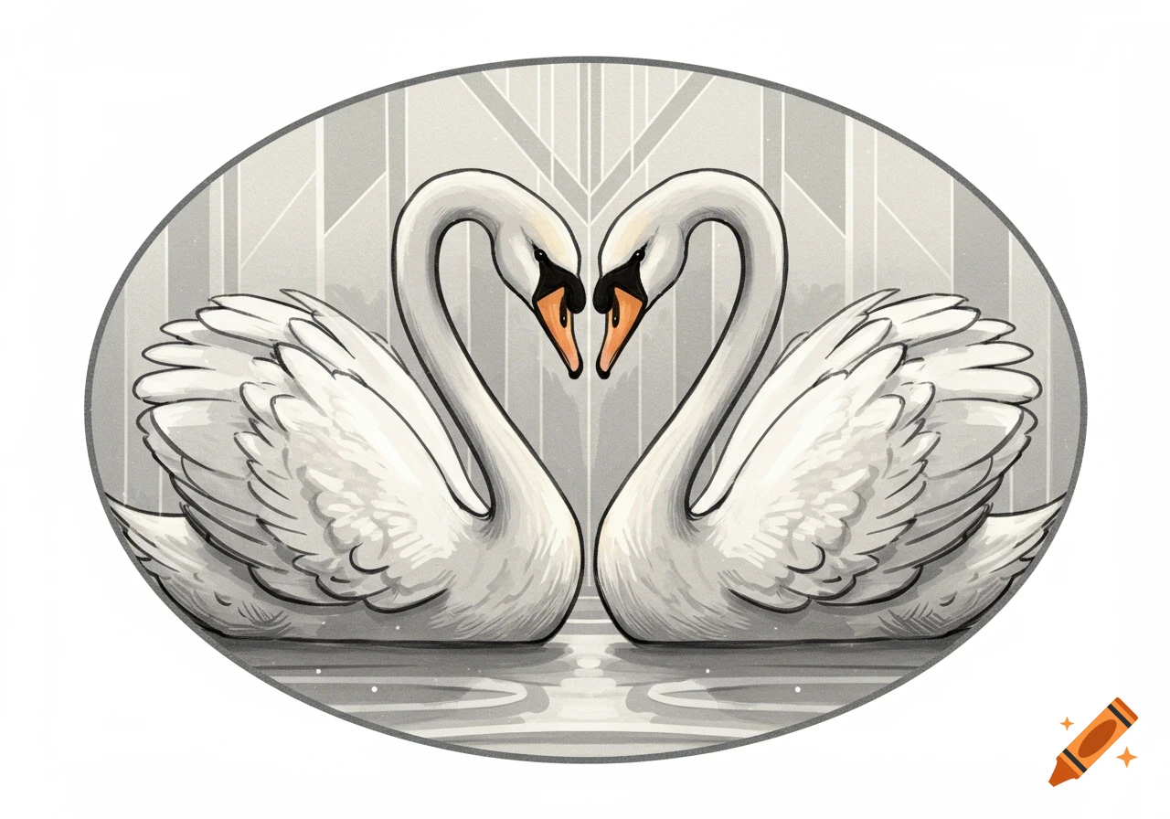 Two white swans form a heart shape with their necks in a grey Art Deco style illustration.