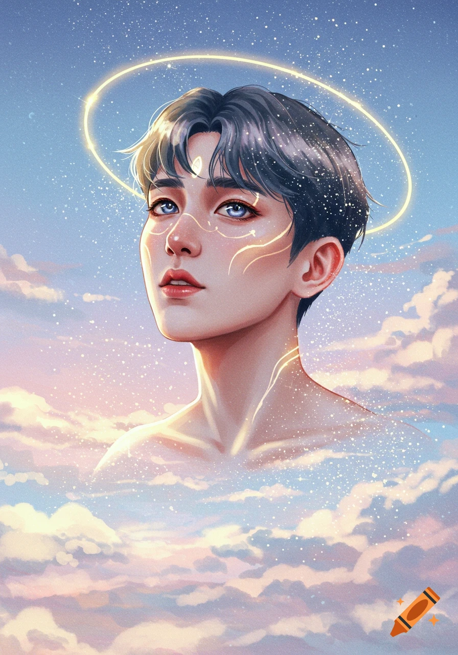 A stylized portrait of a young man with a golden halo and glowing patterns on his face, surrounded by clouds and stars.