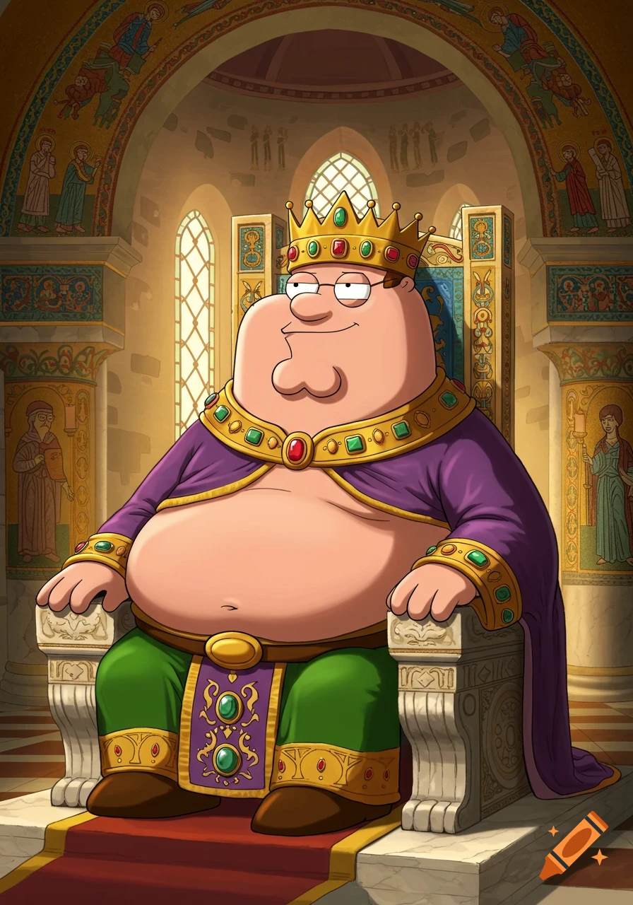 Peter Griffin as a Byzantine emperor sitting on a golden throne in a richly decorated hall.
