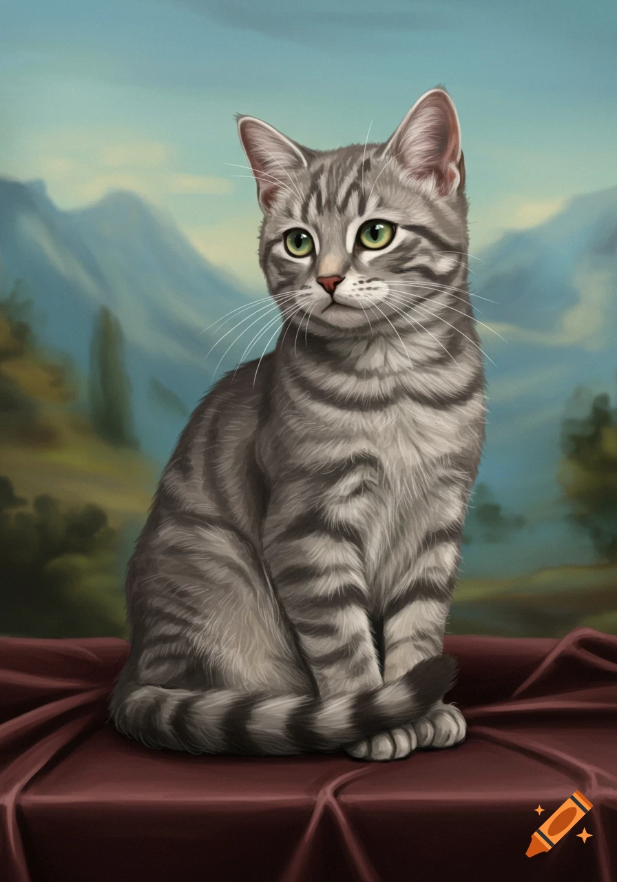 A detailed portrait of a gray tabby cat with green eyes, sitting upright on a red draped surface, with a blurry mountain landscape in the background.