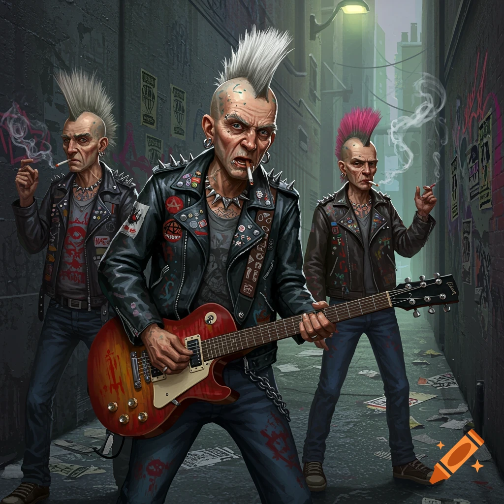 Three elderly punk rock men, two smoking cigarettes, in a dark alley filled with graffiti. One in the foreground plays a red electric guitar.