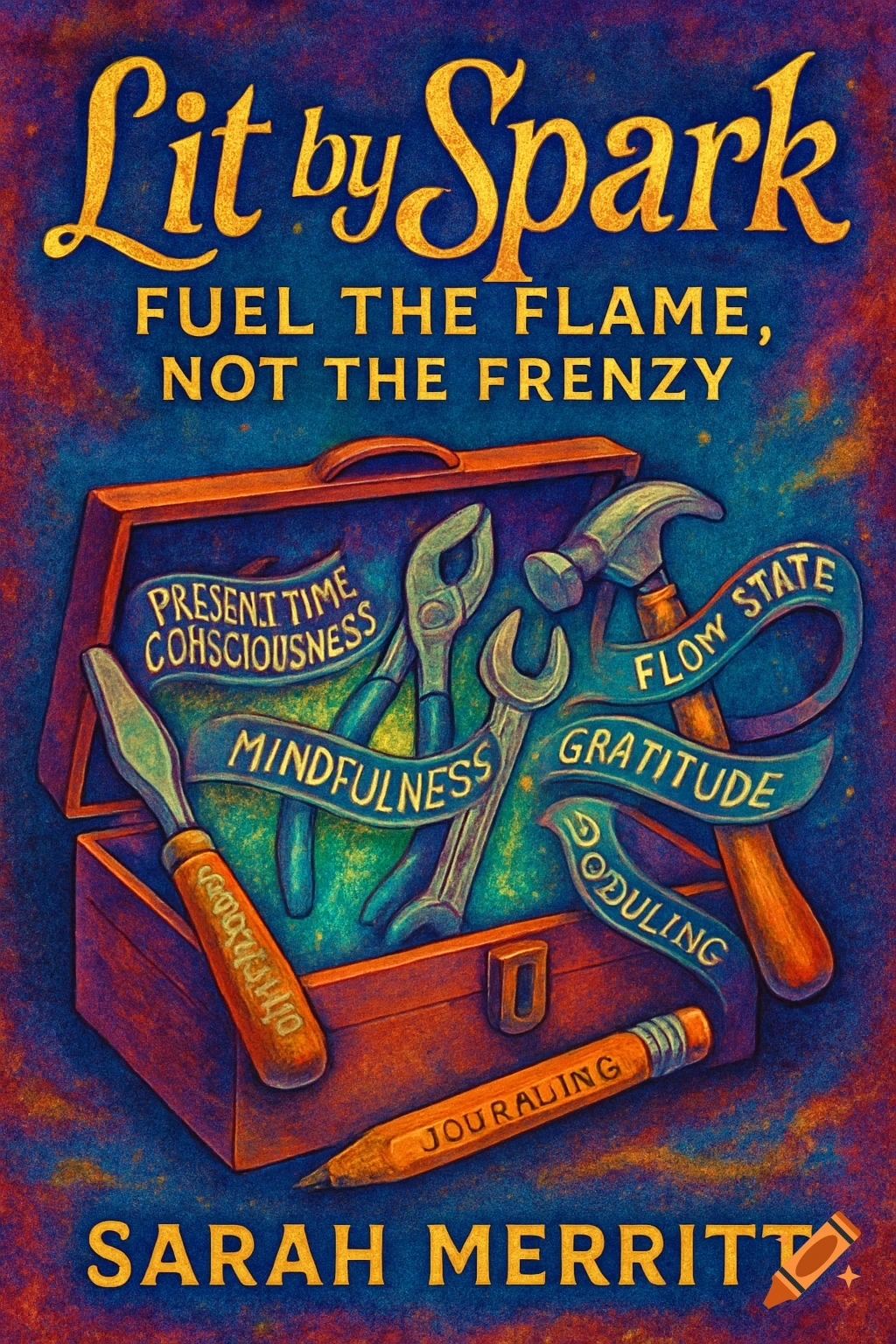 A colorful illustrated book cover titled 'Lit by Spark' featuring an open toolbox filled with various tools, each wrapped with ribbons displaying self-help words like 'mindfulness' and 'gratitude.'