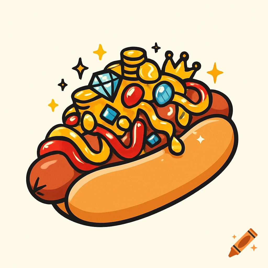 A cartoon hot dog topped with ketchup, mustard, gold coins, gems, and a crown in a simple logo style.