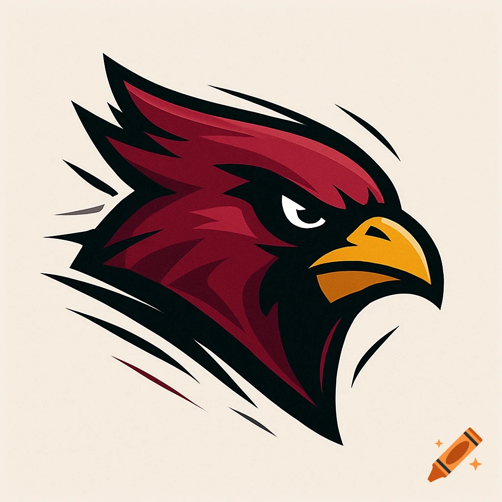 A stylized sports logo depicting the head of a red and black cardinal with a yellow beak, looking right.