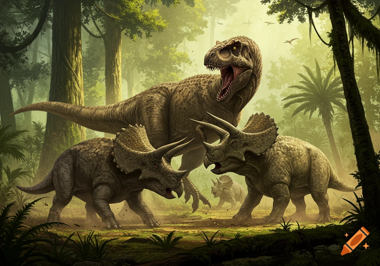 A fierce Tyrannosaurus Rex confronts two Triceratops and a calf in a dense, green prehistoric jungle.